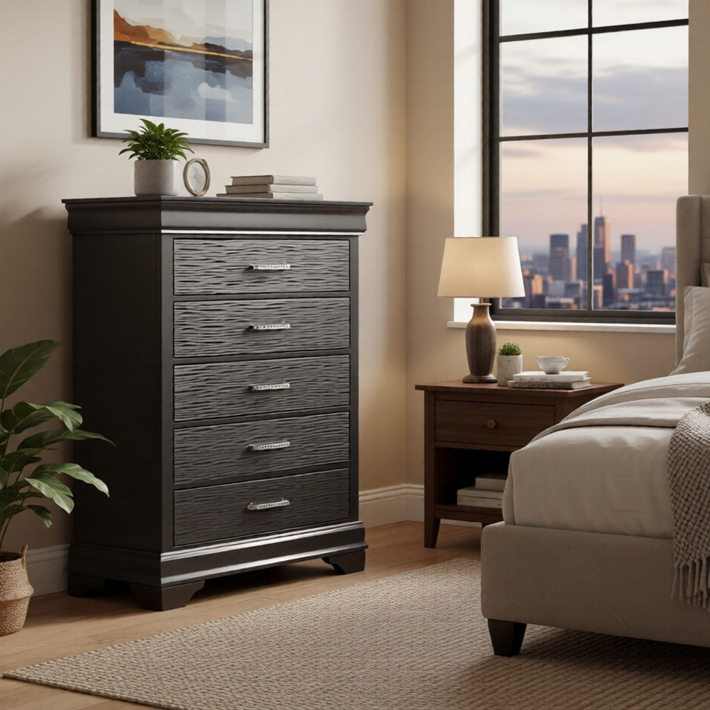 Benjara Jean Tall Dresser Chest, 5 Drawers, Chrome, Dark Gray Solid Wood