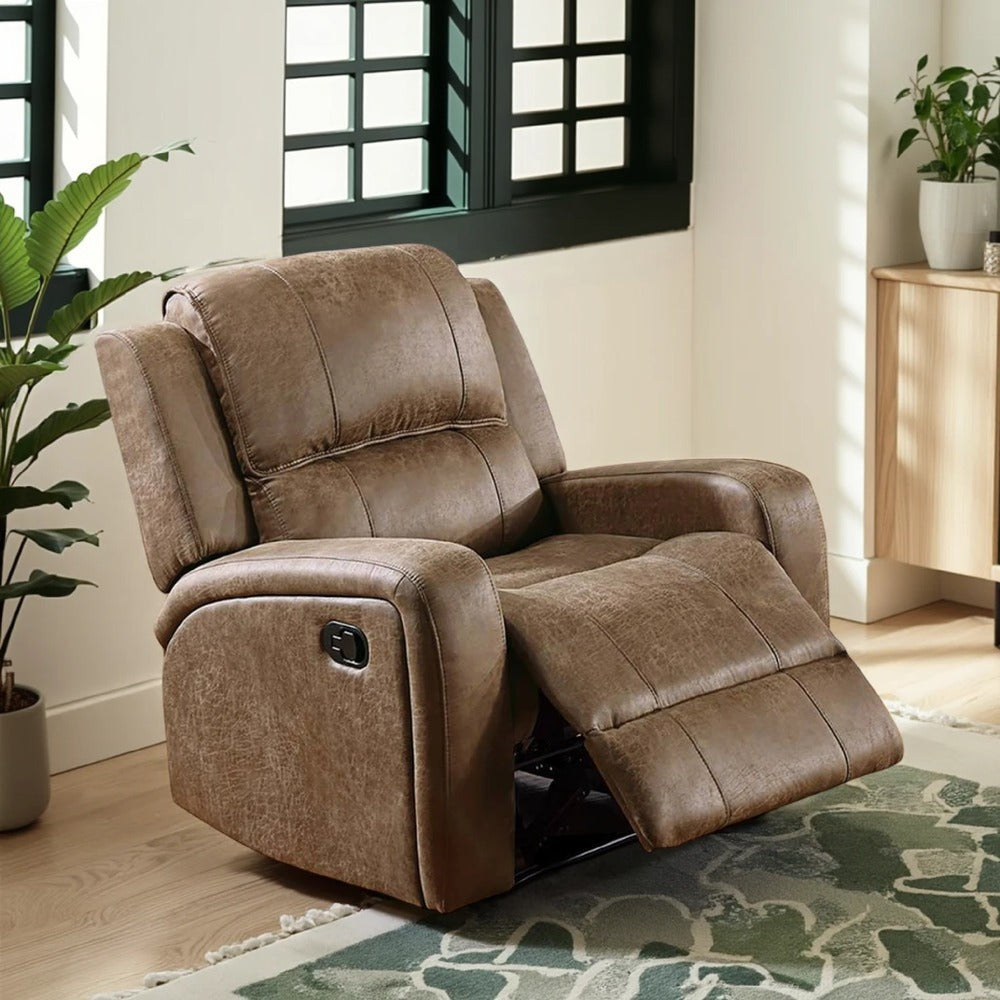 Benjara Charles Manual Recliner Chair, Chestnut Brown Faux Leather, Solid Wood