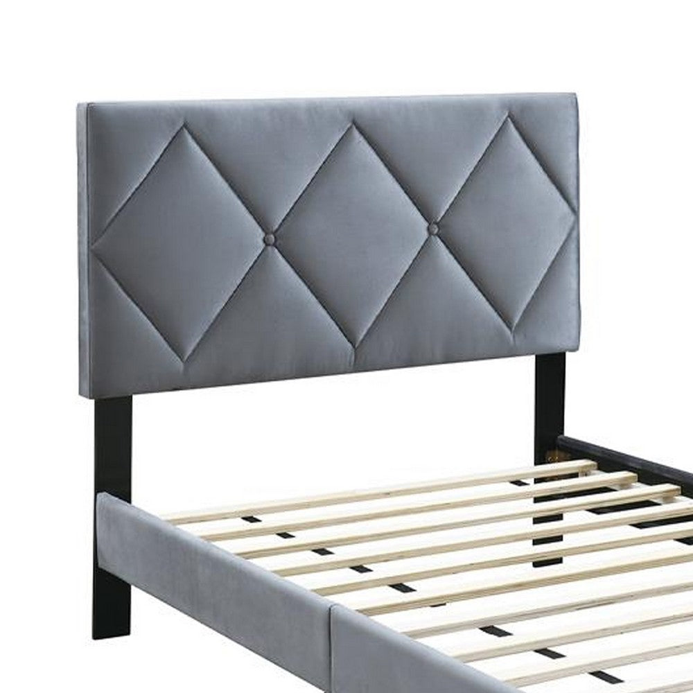 Benjara Lilian Full Size Bed, Tufted Gray Velvet Upholstery, Diamond Stitch
