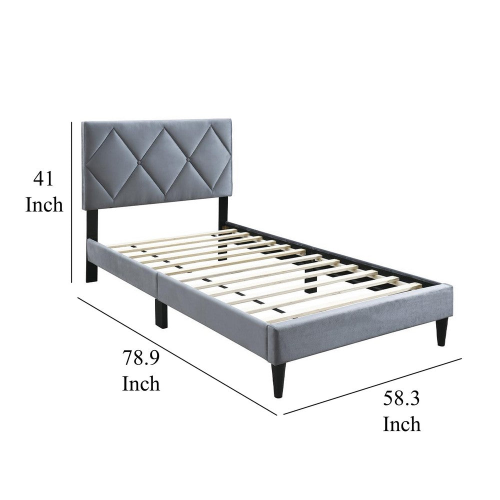 Benjara Lilian Full Size Bed, Tufted Gray Velvet Upholstery, Diamond Stitch