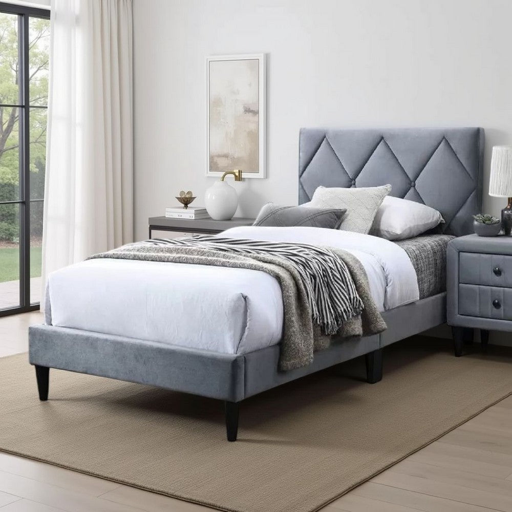Benjara Lilian Full Size Bed, Tufted Gray Velvet Upholstery, Diamond Stitch
