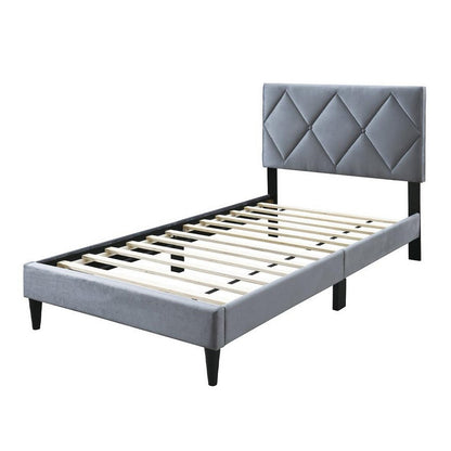 Benjara Lilian Twin Size Bed, Tufted Gray Velvet Upholstery, Diamond Stitch