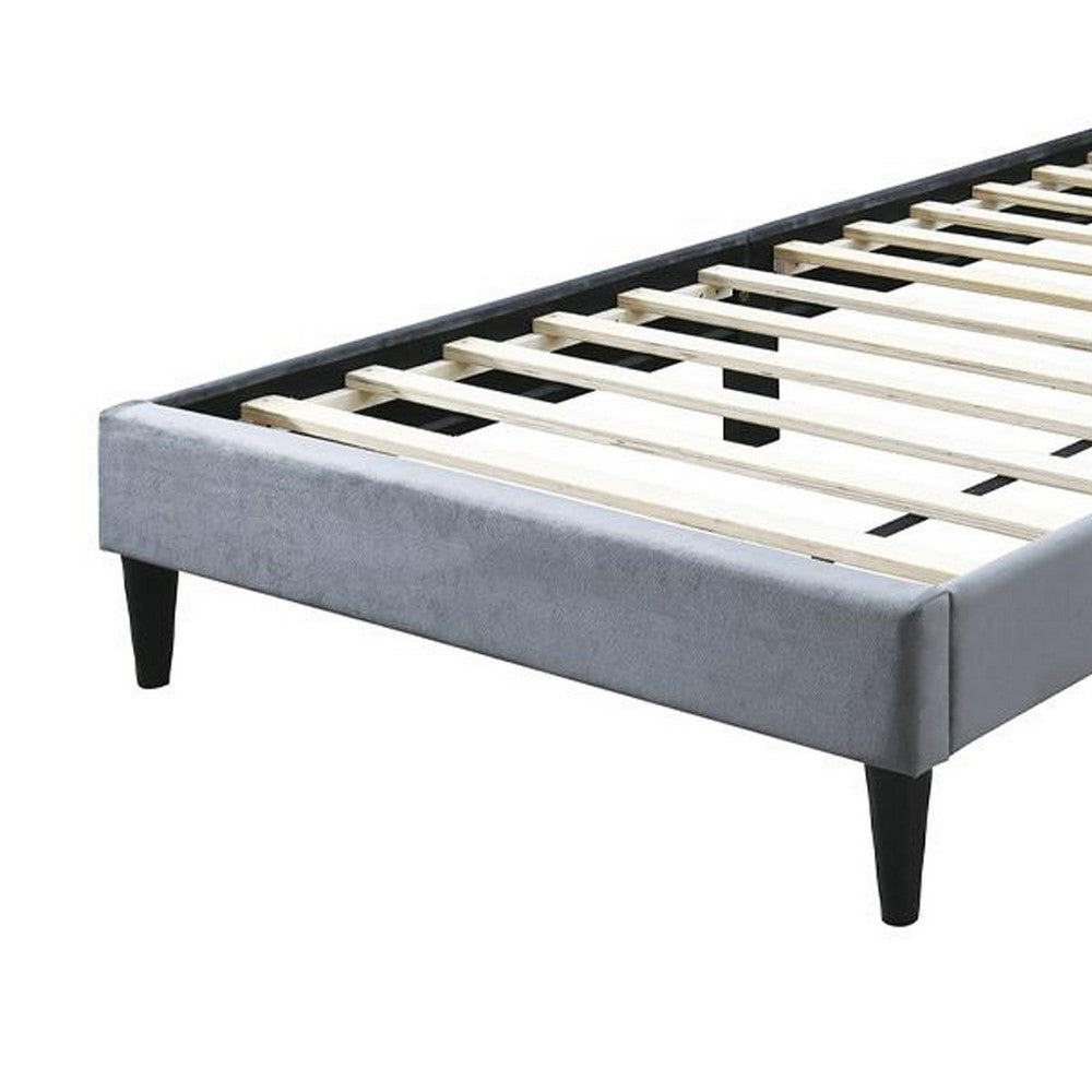 Benjara Lilian Twin Size Bed, Tufted Gray Velvet Upholstery, Diamond Stitch