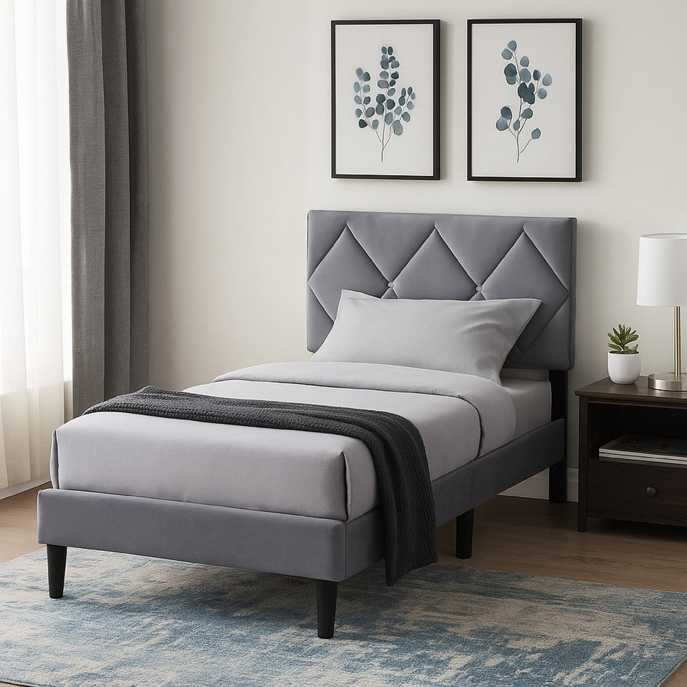 Benjara Lilian Twin Size Bed, Tufted Gray Velvet Upholstery, Diamond Stitch