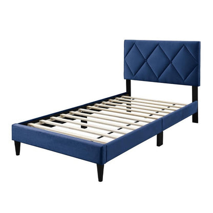 Benjara Lilian Twin Bed, Tufted Navy Blue Velvet Upholstery, Diamond Stitch