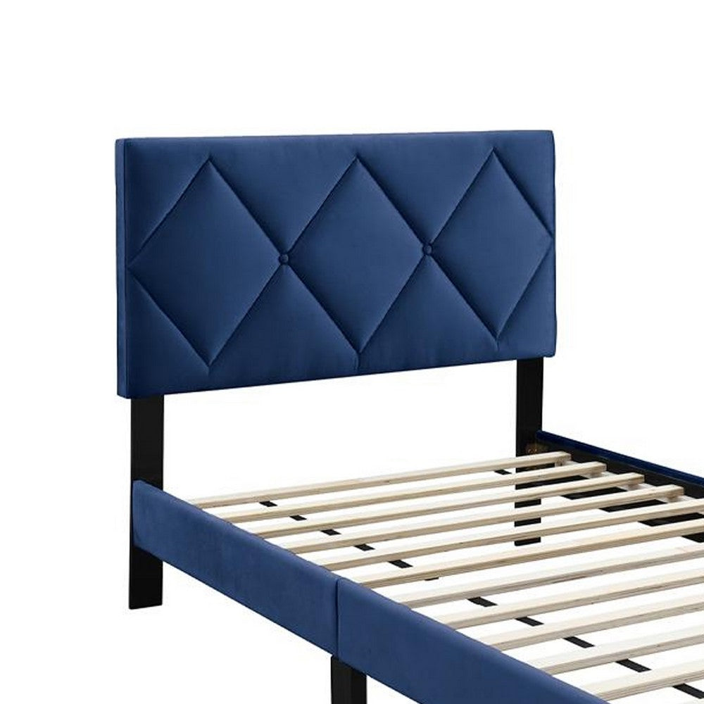 Benjara Lilian Twin Bed, Tufted Navy Blue Velvet Upholstery, Diamond Stitch