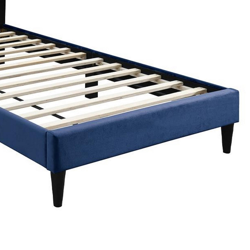Benjara Lilian Twin Bed, Tufted Navy Blue Velvet Upholstery, Diamond Stitch