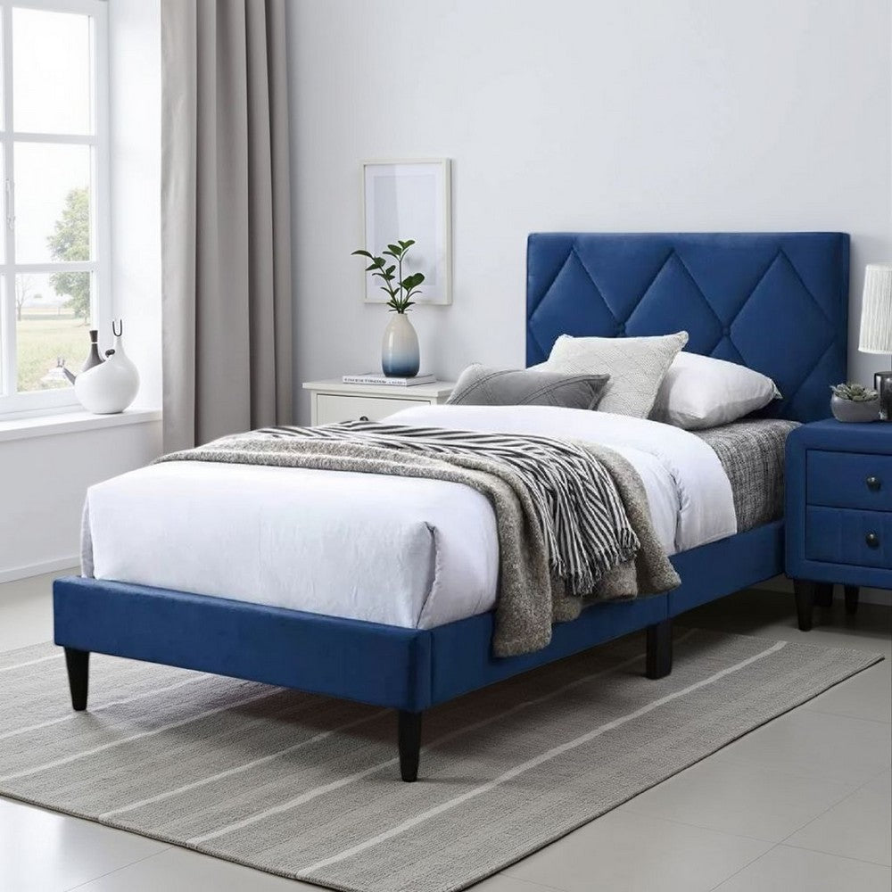Benjara Lilian Twin Bed, Tufted Navy Blue Velvet Upholstery, Diamond Stitch
