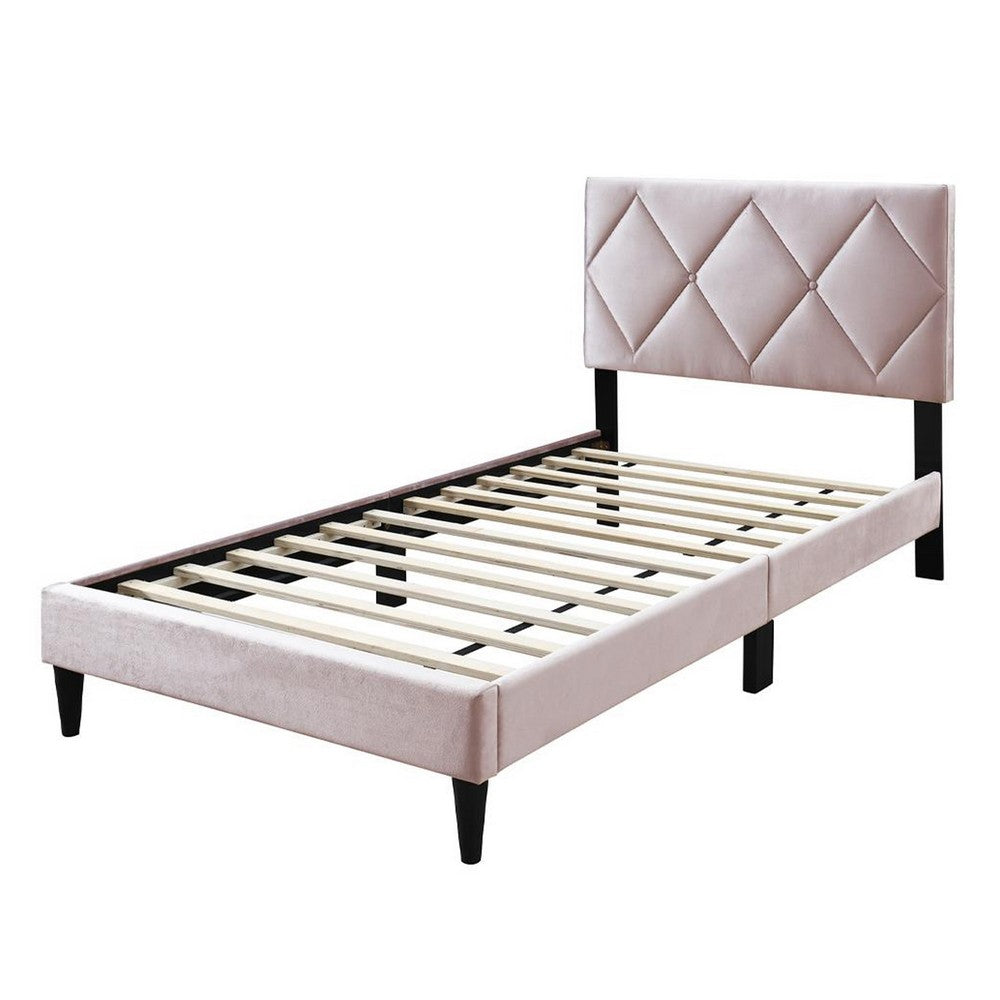 Benjara Lilian Twin Bed, Tufted Light Pink Velvet Upholstery, Diamond Stitch