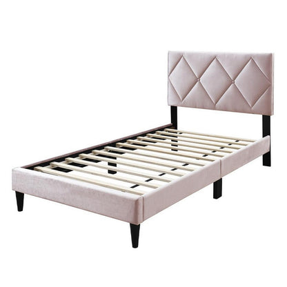 Benjara Lilian Twin Bed, Tufted Light Pink Velvet Upholstery, Diamond Stitch