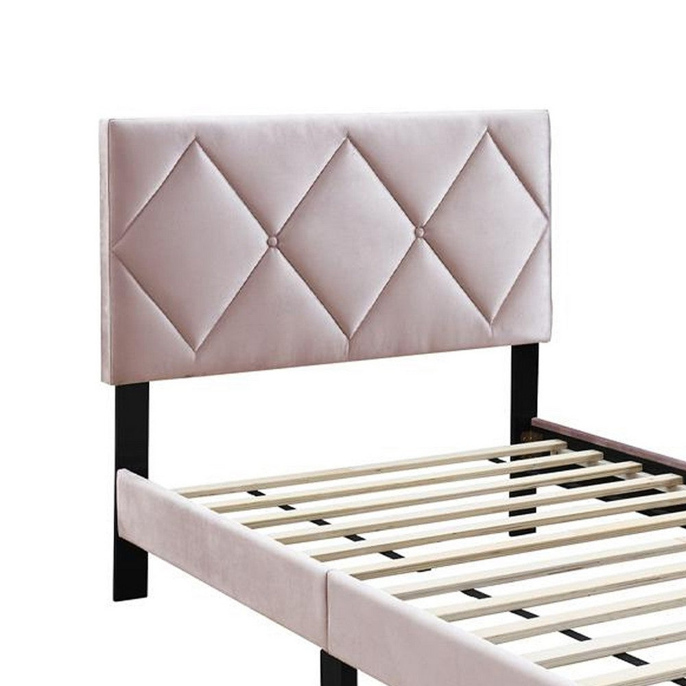 Benjara Lilian Twin Bed, Tufted Light Pink Velvet Upholstery, Diamond Stitch