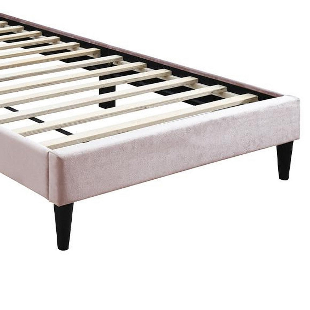 Benjara Lilian Twin Bed, Tufted Light Pink Velvet Upholstery, Diamond Stitch