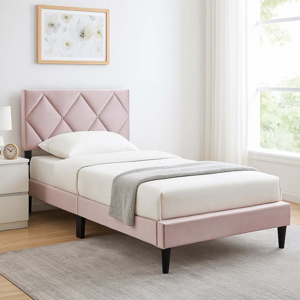 Benjara Lilian Twin Bed, Tufted Light Pink Velvet Upholstery, Diamond Stitch