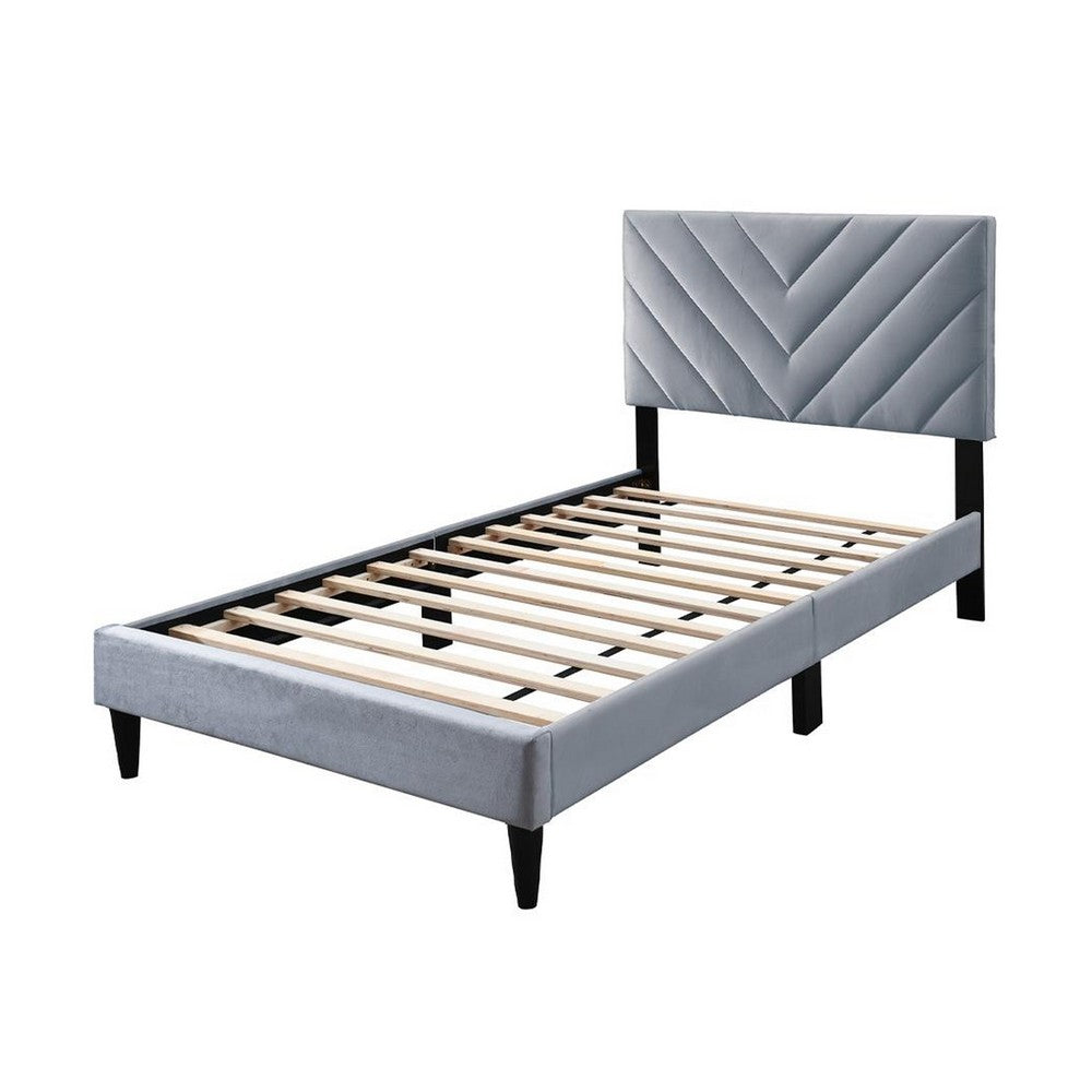 Benjara Lilian Full Size Bed, Tufted Gray Velvet Upholstery, Chevron Stitch