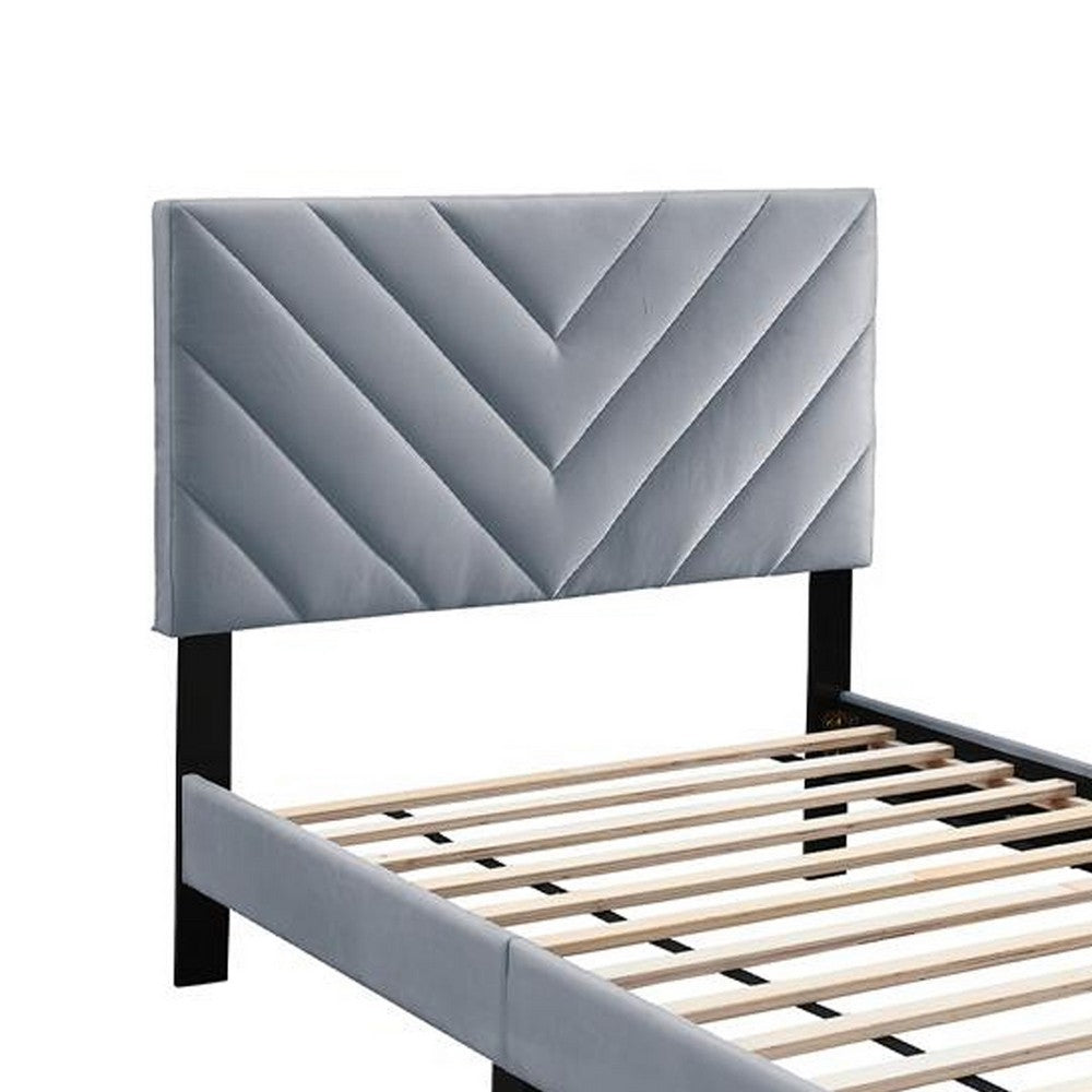 Benjara Lilian Full Size Bed, Tufted Gray Velvet Upholstery, Chevron Stitch