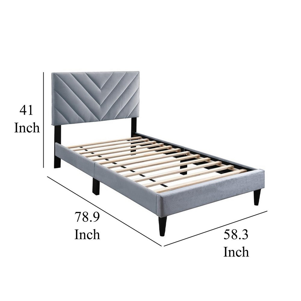 Benjara Lilian Full Size Bed, Tufted Gray Velvet Upholstery, Chevron Stitch