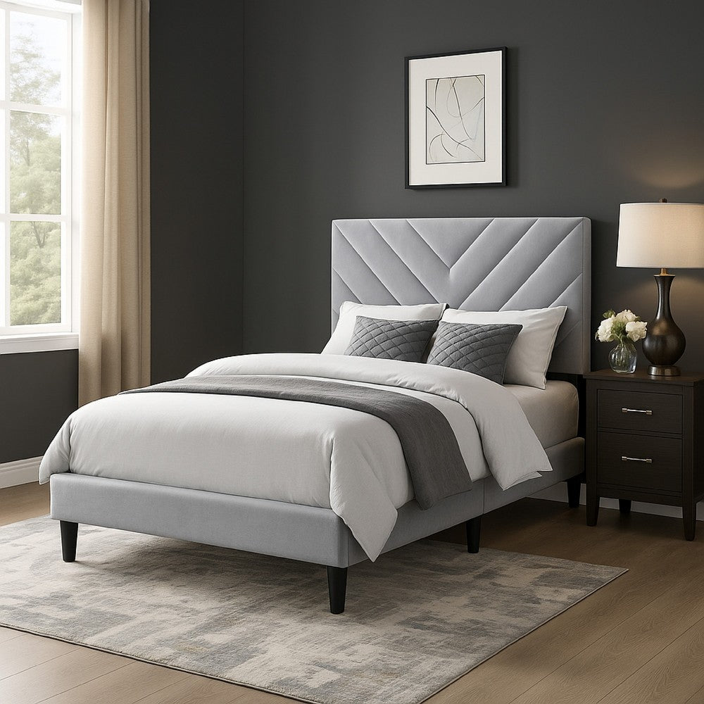 Benjara Lilian Full Size Bed, Tufted Gray Velvet Upholstery, Chevron Stitch