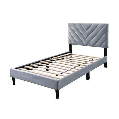Benjara Lilian Twin Size Bed, Tufted Gray Velvet Upholstery, Chevron Stitch