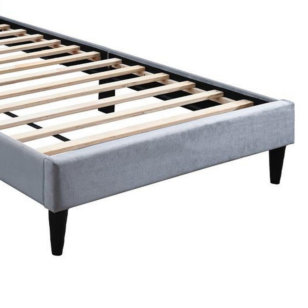 Benjara Lilian Twin Size Bed, Tufted Gray Velvet Upholstery, Chevron Stitch