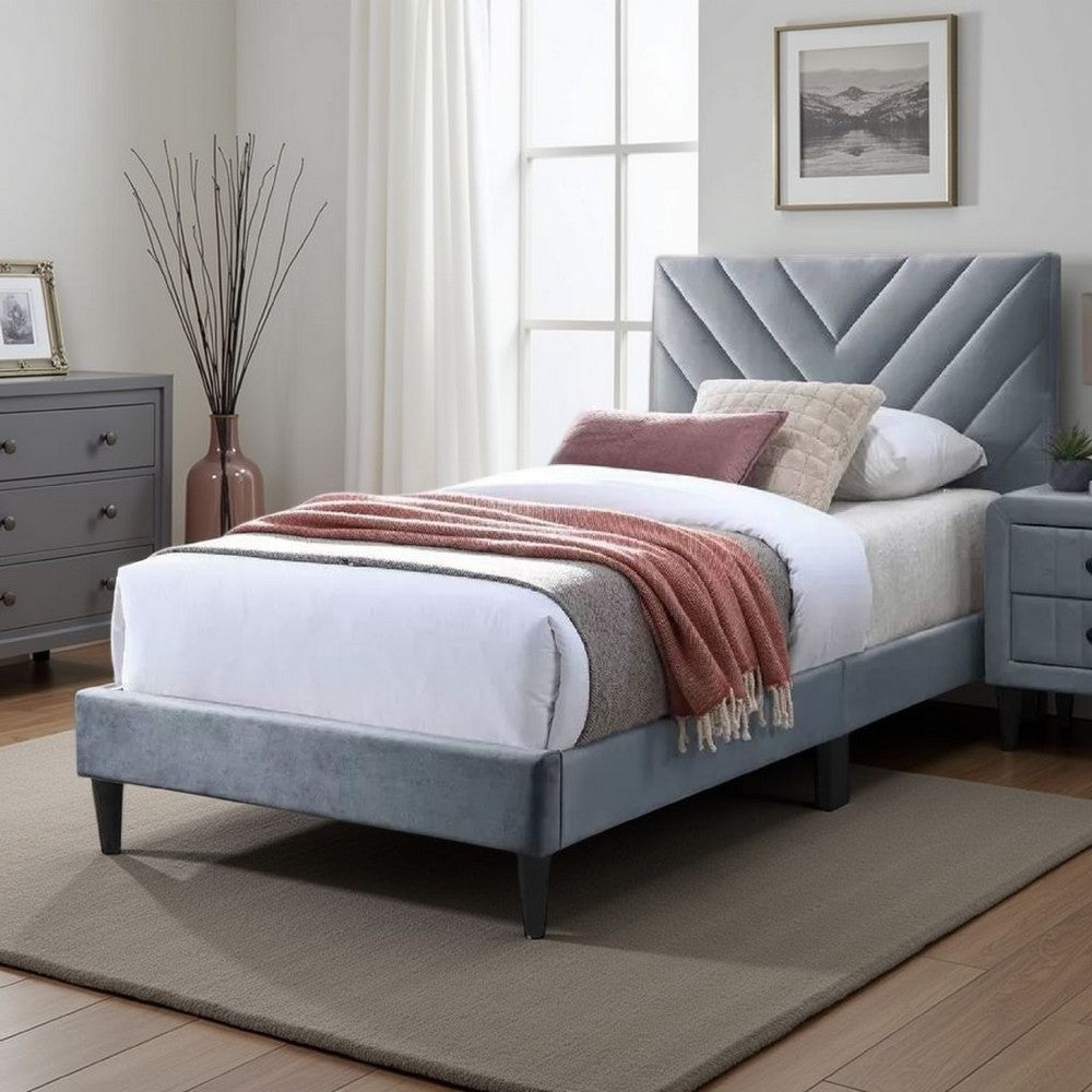 Benjara Lilian Twin Size Bed, Tufted Gray Velvet Upholstery, Chevron Stitch