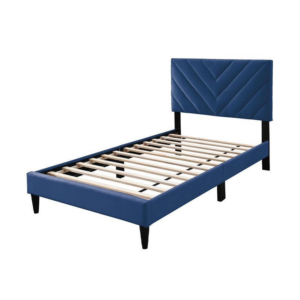 Benjara Lilian Twin Bed, Tufted Navy Blue Velvet Upholstery, Chevron Stitch