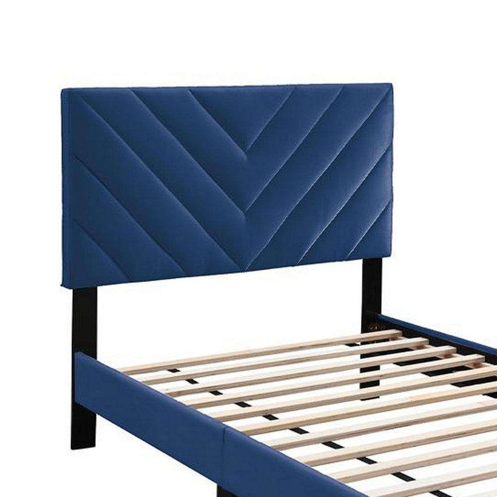 Benjara Lilian Twin Bed, Tufted Navy Blue Velvet Upholstery, Chevron Stitch