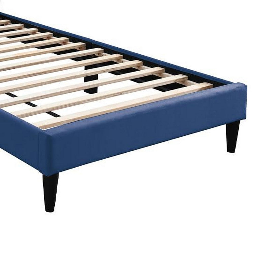 Benjara Lilian Twin Bed, Tufted Navy Blue Velvet Upholstery, Chevron Stitch