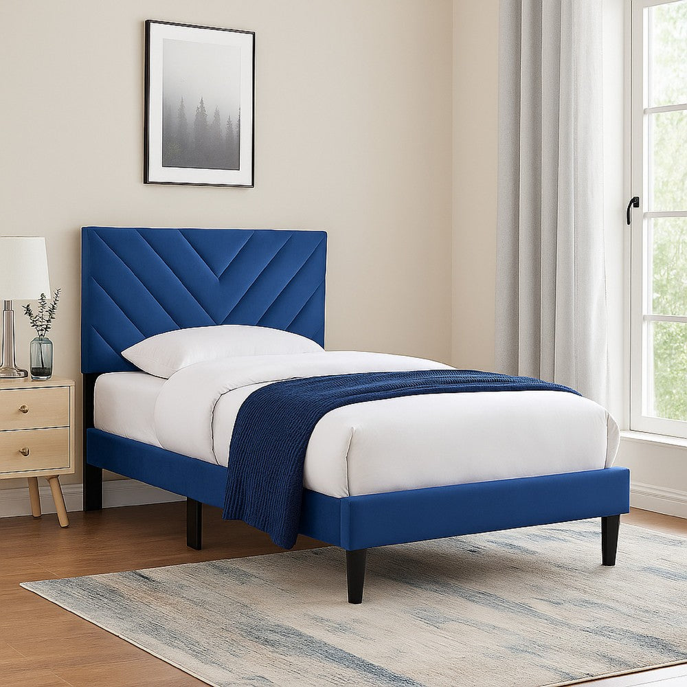 Benjara Lilian Twin Bed, Tufted Navy Blue Velvet Upholstery, Chevron Stitch
