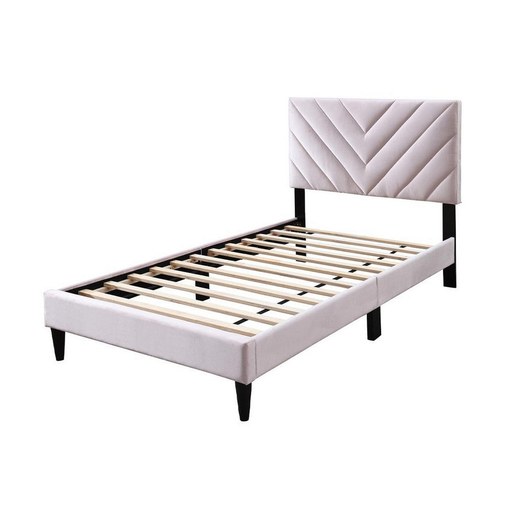 Benjara Lilian Twin Bed, Tufted Light Pink Velvet Upholstery, Chevron Stitch