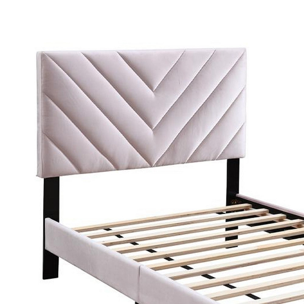 Benjara Lilian Twin Bed, Tufted Light Pink Velvet Upholstery, Chevron Stitch