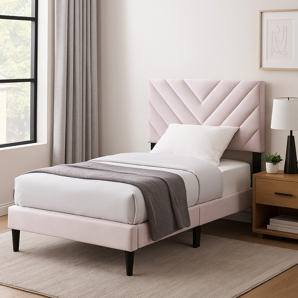 Benjara Lilian Twin Bed, Tufted Light Pink Velvet Upholstery, Chevron Stitch