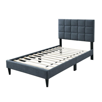 Benjara Lilian Twin Bed, Soft Biscuit Tufted Charcoal Gray Linen Upholstery