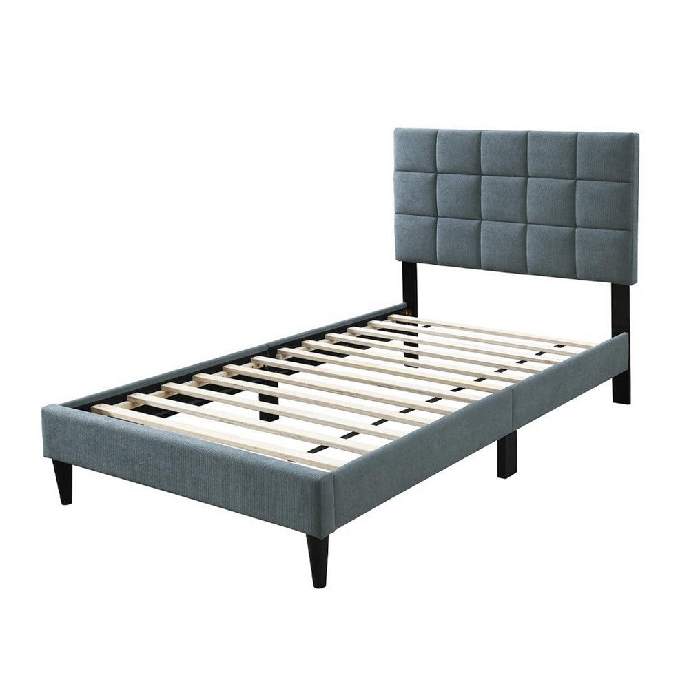 Benjara Lilian Twin Bed, Tufted Gray Linen Upholstery, Biscuit Tufted Stitch