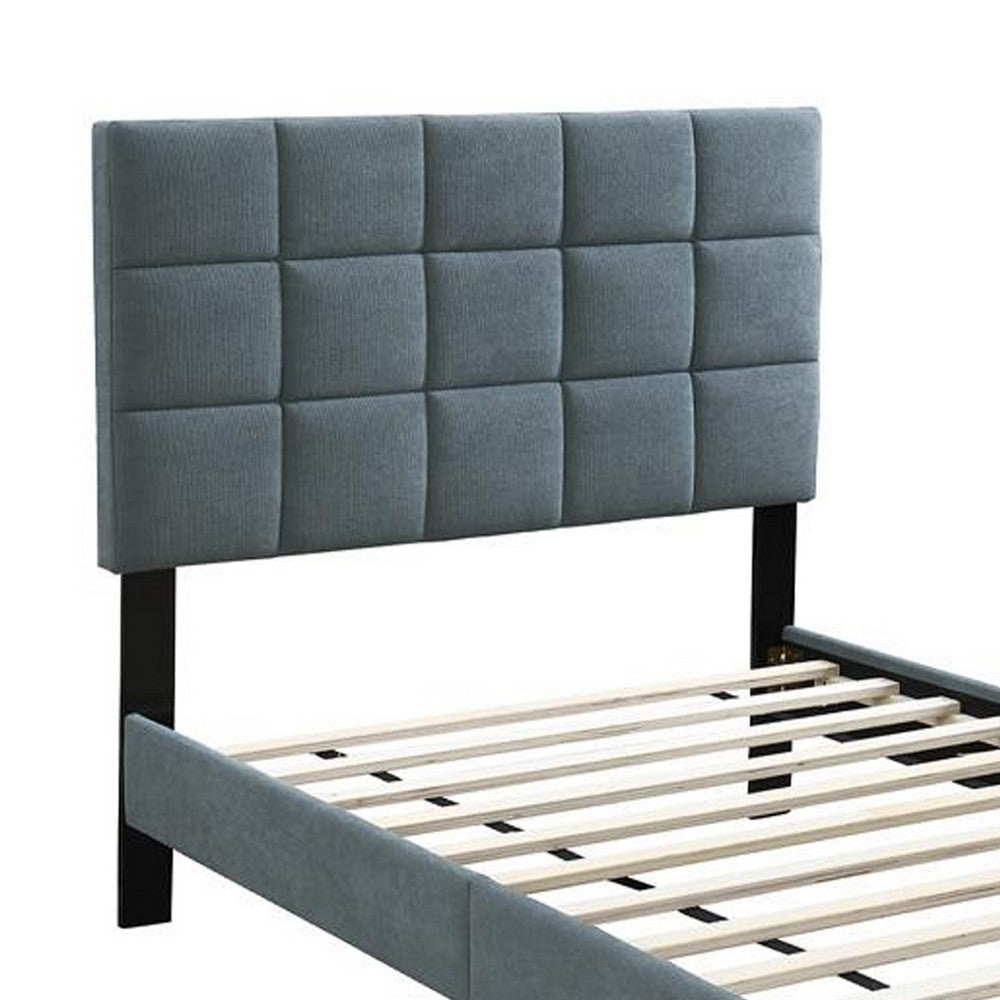Benjara Lilian Twin Bed, Tufted Gray Linen Upholstery, Biscuit Tufted Stitch