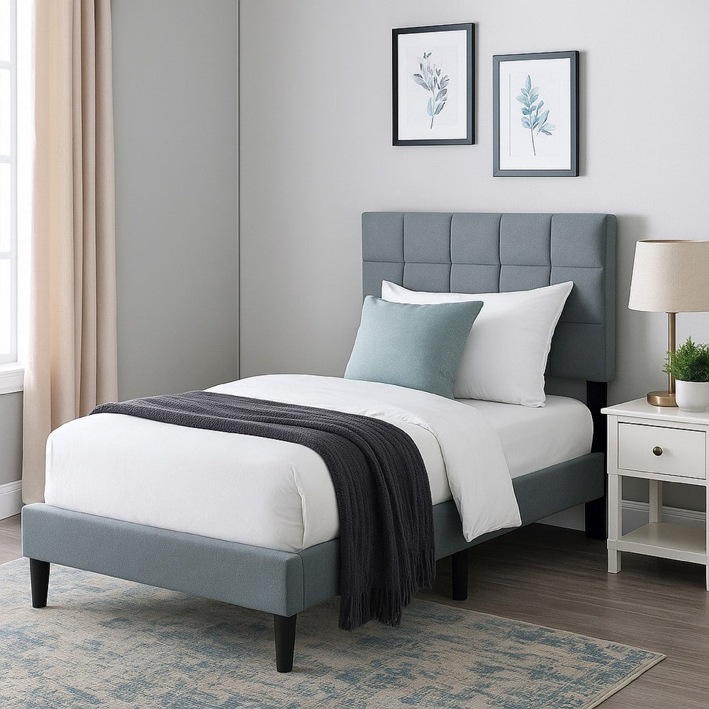 Benjara Lilian Twin Bed, Tufted Gray Linen Upholstery, Biscuit Tufted Stitch