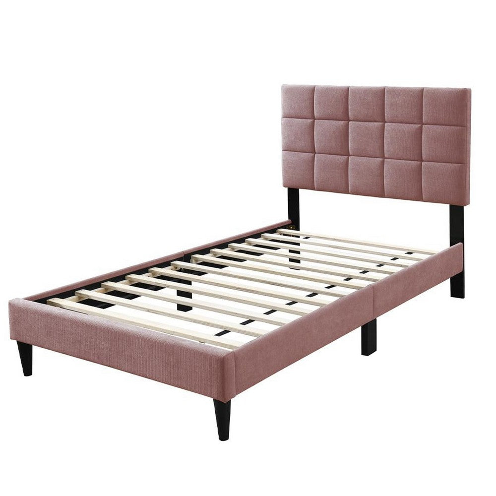 Benjara Lilian Twin Bed, Tufted Pink Linen Upholstery, Biscuit Tufted Stitch