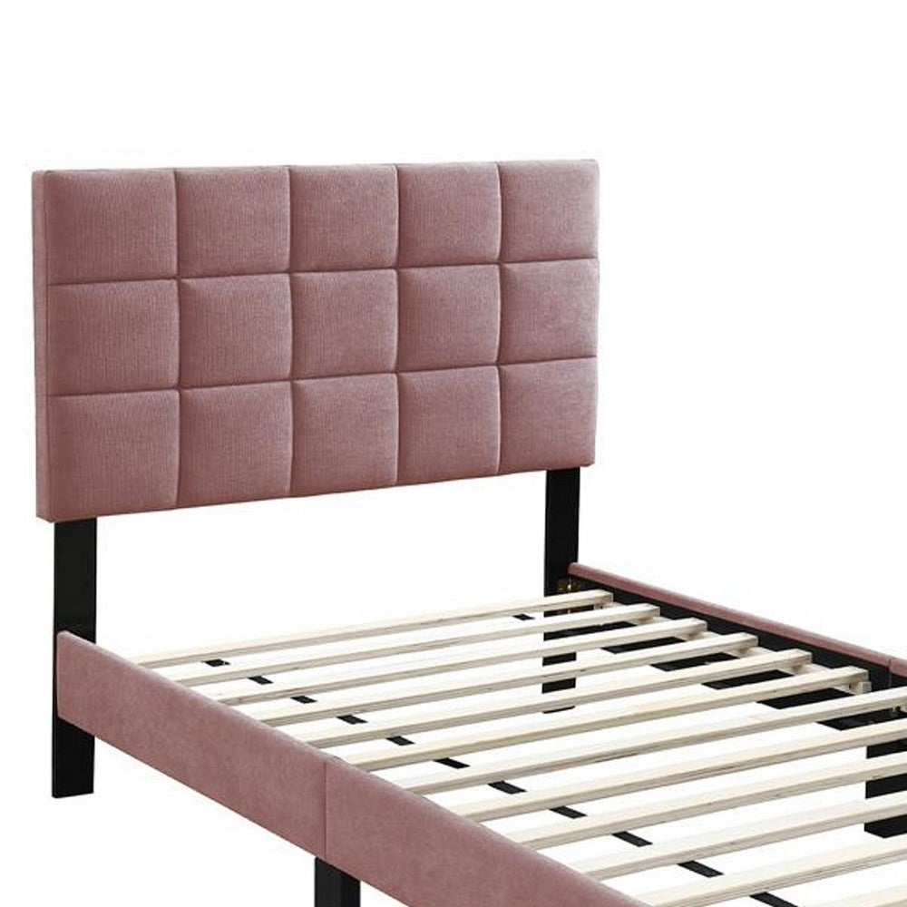 Benjara Lilian Twin Bed, Tufted Pink Linen Upholstery, Biscuit Tufted Stitch