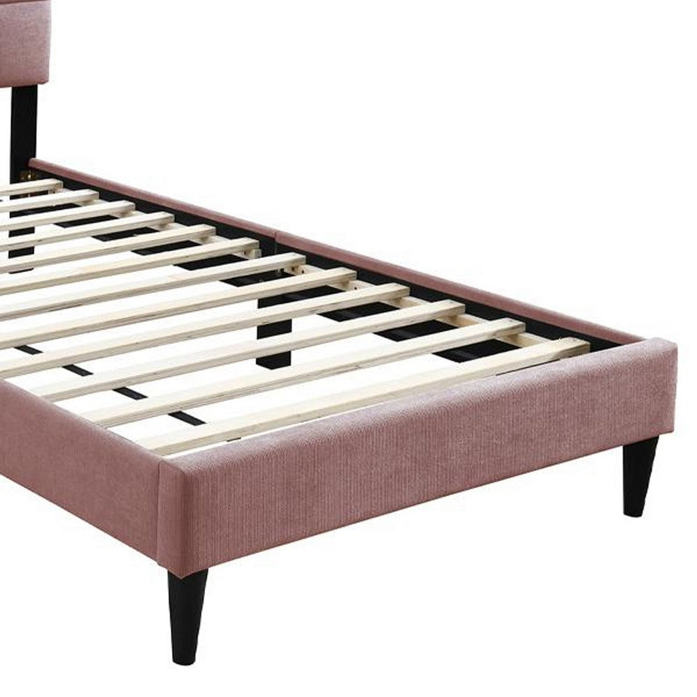 Benjara Lilian Twin Bed, Tufted Pink Linen Upholstery, Biscuit Tufted Stitch