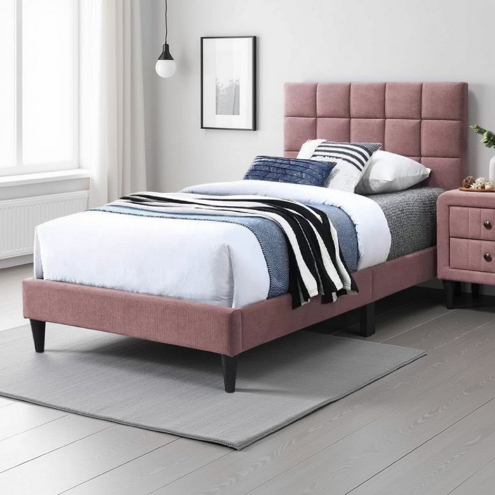Benjara Lilian Twin Bed, Tufted Pink Linen Upholstery, Biscuit Tufted Stitch