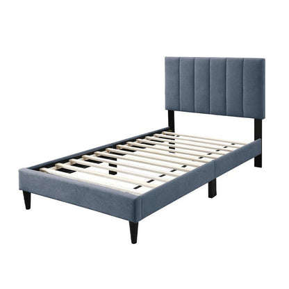 Benjara Lilian Twin Bed, Soft Channel Tufted Charcoal Gray Linen Upholstery