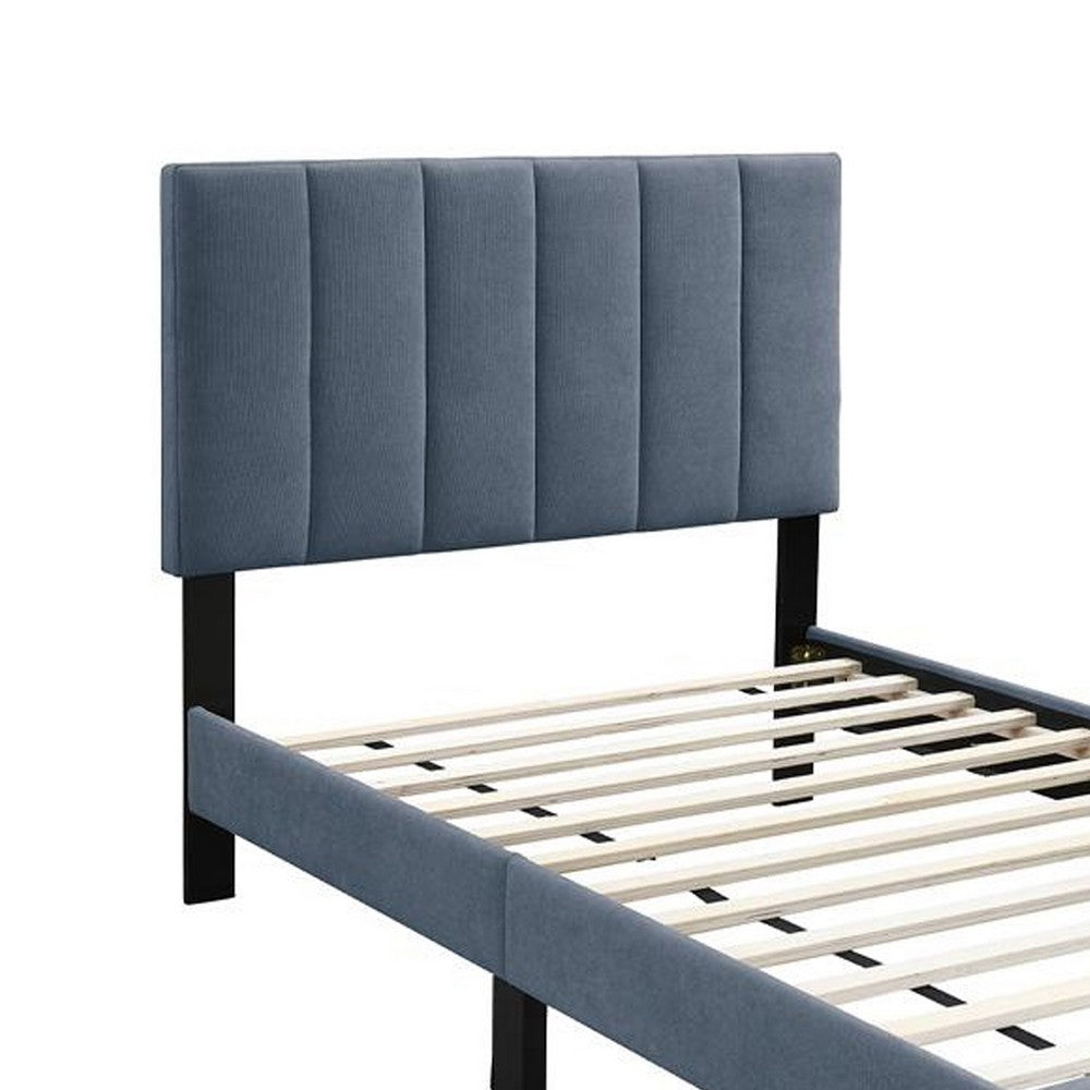 Benjara Lilian Twin Bed, Soft Channel Tufted Charcoal Gray Linen Upholstery
