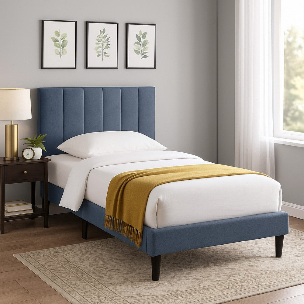 Benjara Lilian Twin Bed, Soft Channel Tufted Charcoal Gray Linen Upholstery