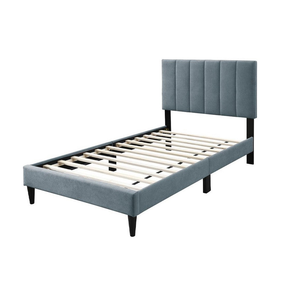 Benjara Lilian Twin Bed, Soft Channel Tufted Light Gray Linen Upholstery