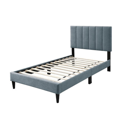 Benjara Lilian Twin Bed, Soft Channel Tufted Light Gray Linen Upholstery