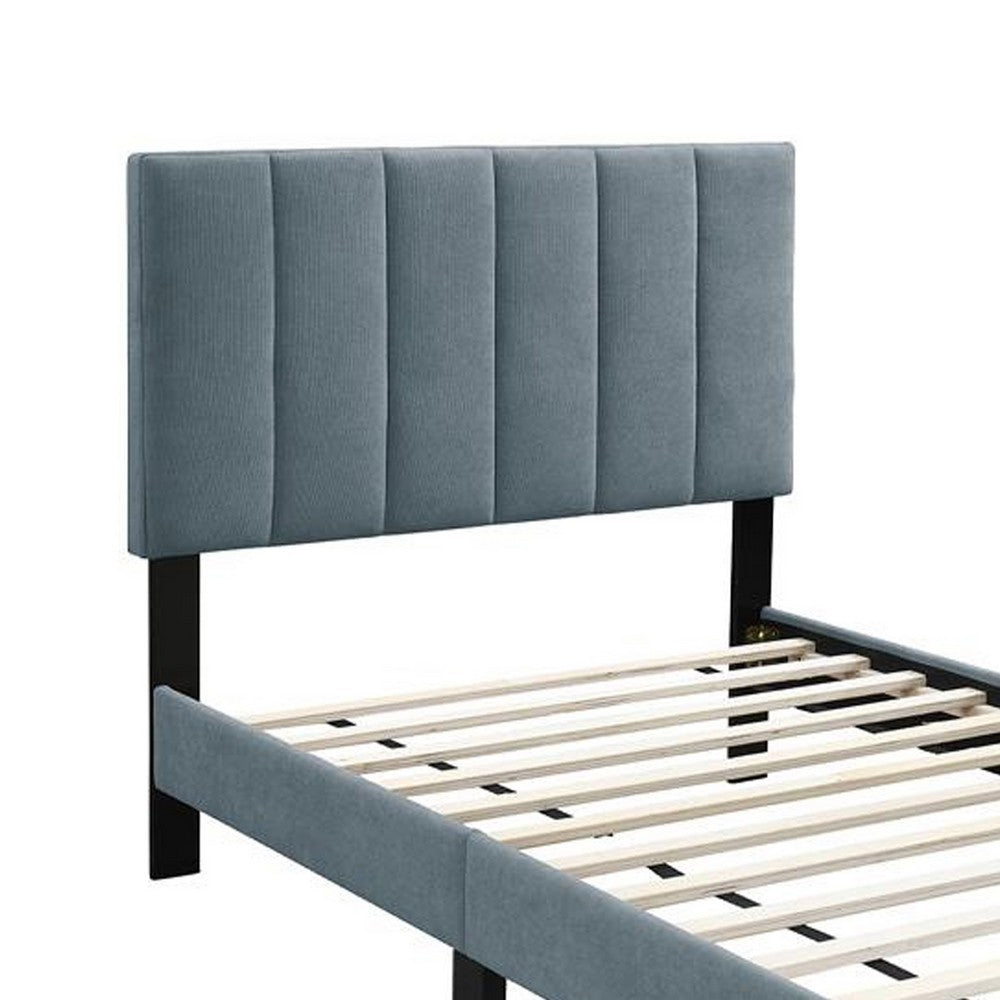 Benjara Lilian Twin Bed, Soft Channel Tufted Light Gray Linen Upholstery