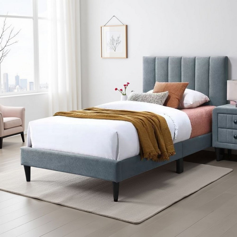 Benjara Lilian Twin Bed, Soft Channel Tufted Light Gray Linen Upholstery