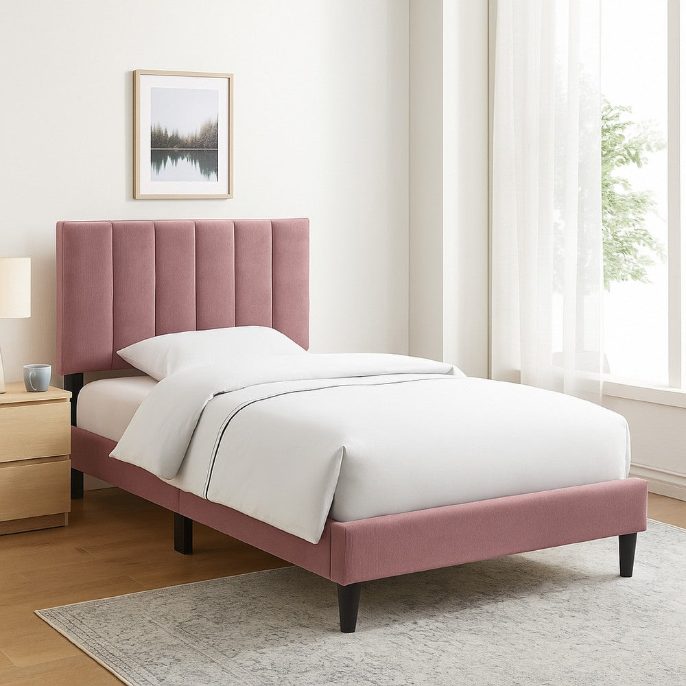 Benjara Lilian Full Size Bed, Blush Pink Linen Upholstery, Channel Tufted