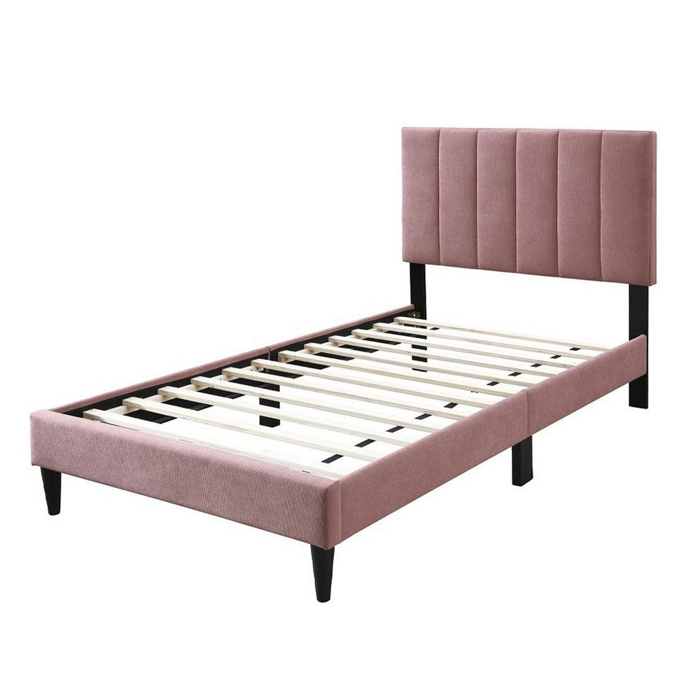Benjara Lilian Twin Size Bed, Blush Pink Linen Upholstery, Channel Tufted