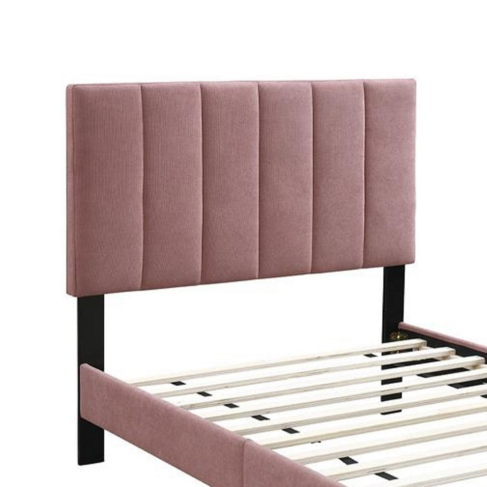 Benjara Lilian Twin Size Bed, Blush Pink Linen Upholstery, Channel Tufted