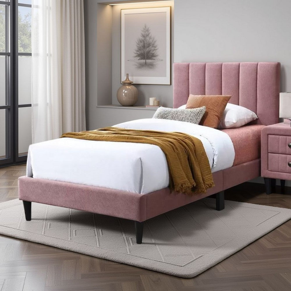 Benjara Lilian Twin Size Bed, Blush Pink Linen Upholstery, Channel Tufted